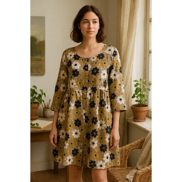 Gudrun Sjödén Earthy Floral Cotton Dress/Tunic Lagenlook Scandi Style (L) - Picture 1 of 7
